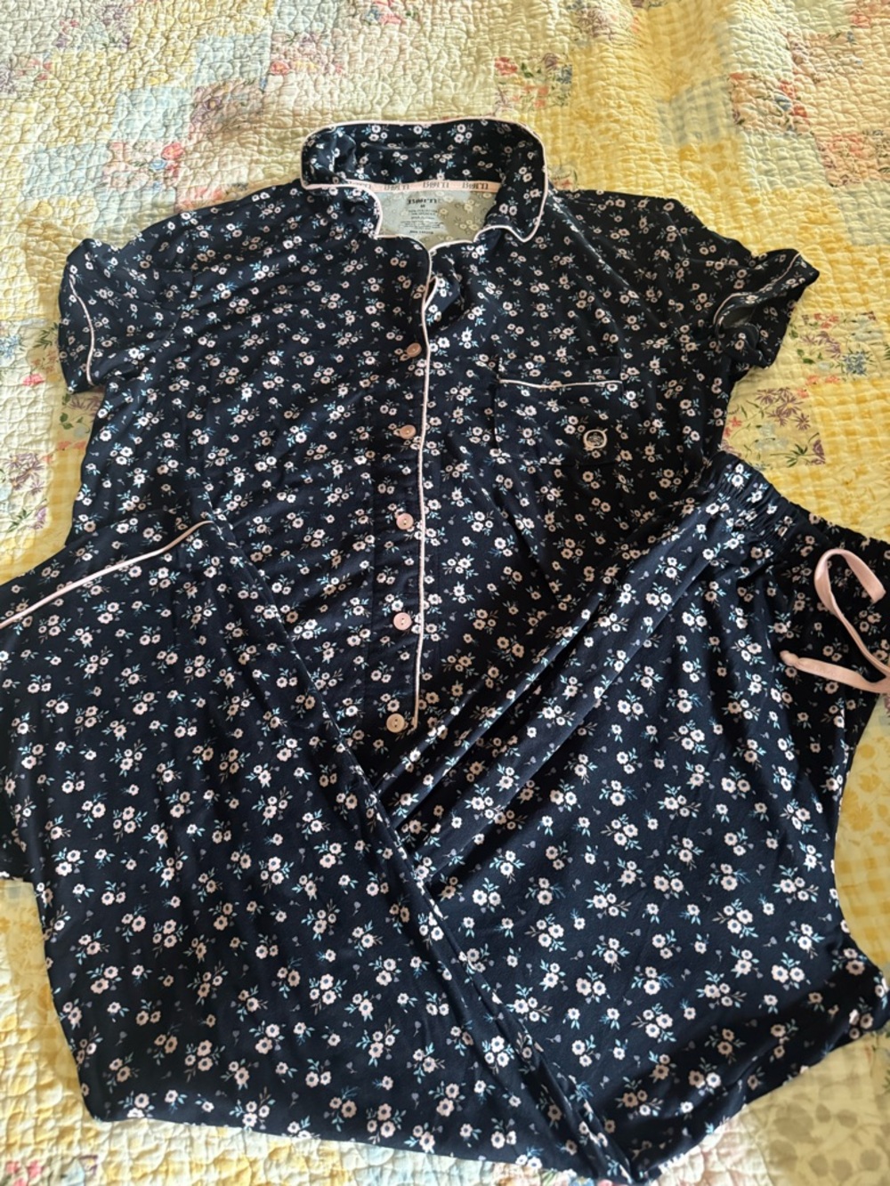 Born Navy Floral Pajama Set with Pink Trim